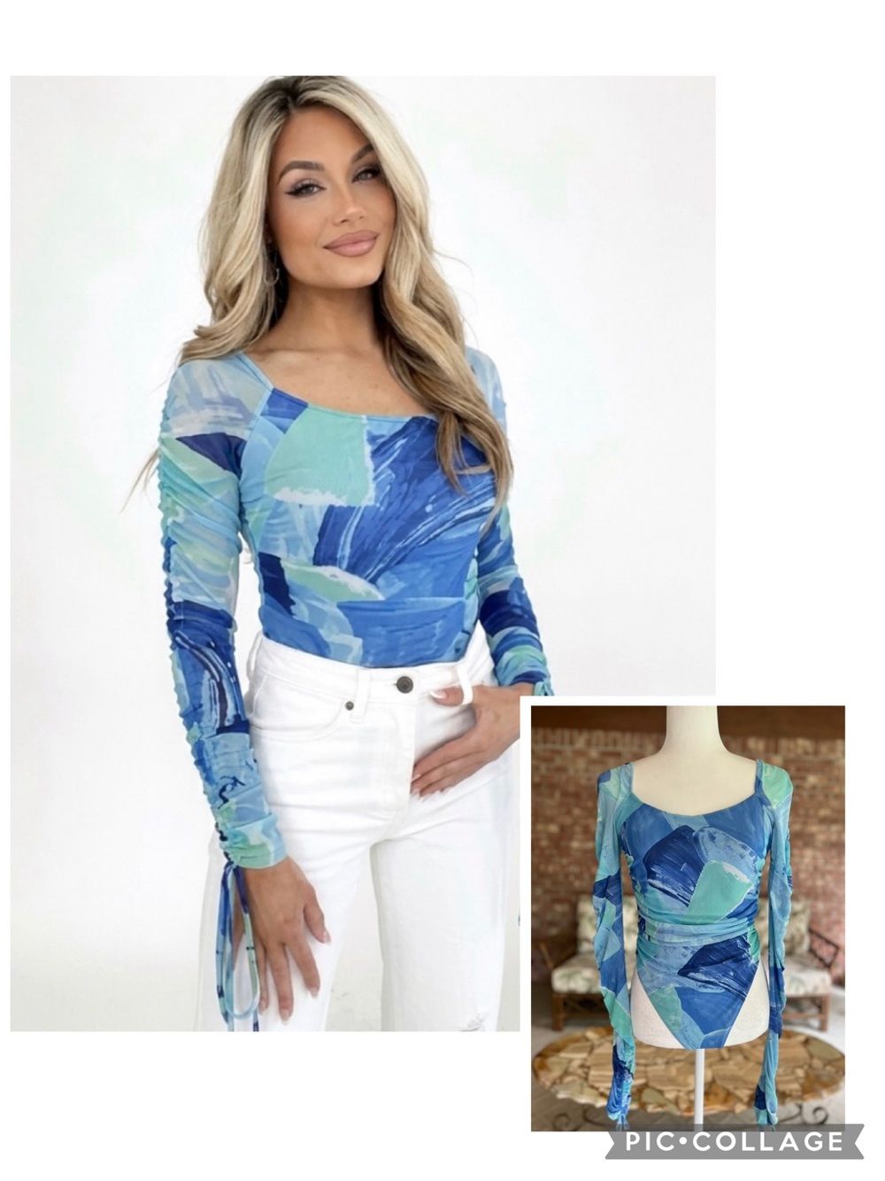 Fore Mesh Bodysuit Ruched Long Sleeve Blue Aqua Abstract M Coastal Chic